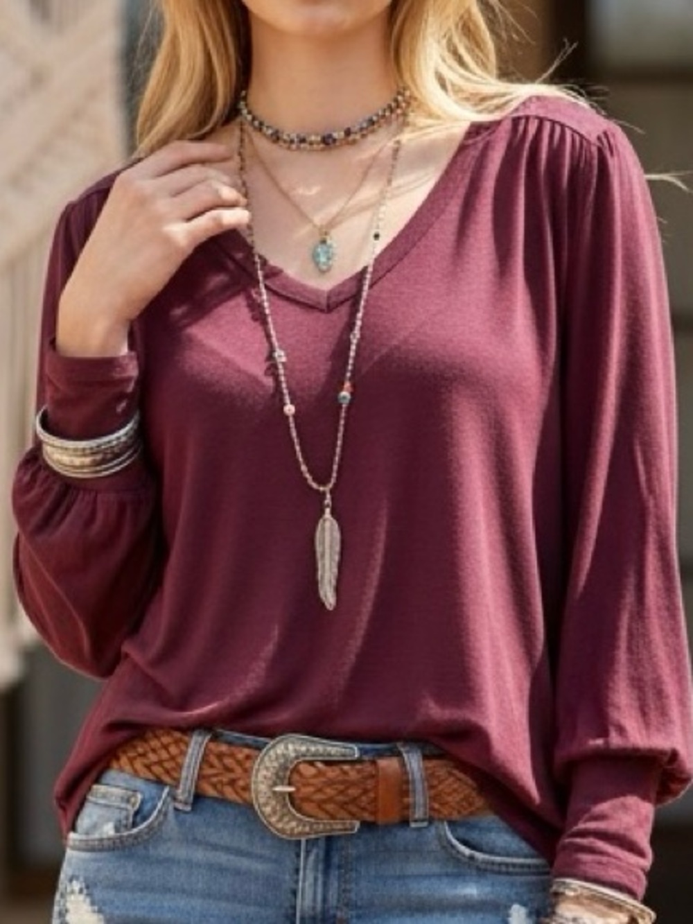 Sundance Burgundy Boho Top XS (Fits S) | V-Neck Ruched Back Medieval Sleeve